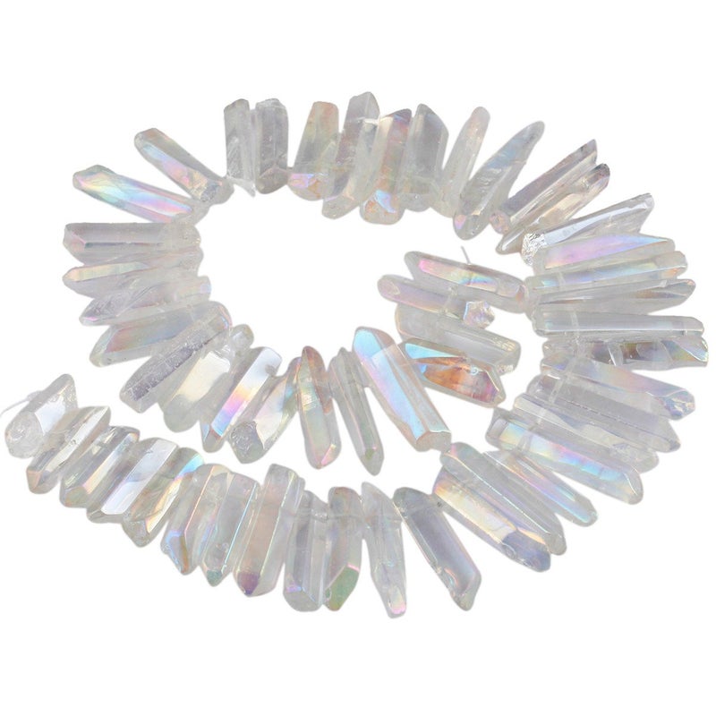 SUNYIK Angel Aura Titanium Coated Crystal Points Quartz Sticks Spikes Point Beads 15 inch Strand Drilled