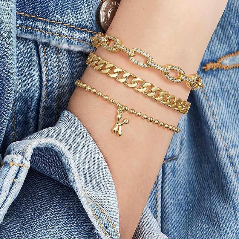KissYan Beaded Initial Bracelets for Women, 14K Gold Plated Bubble Balloon Letter Monogram Charm Bracelets Capital Alphabets from A-Z Dainty Jewelry - Image 4