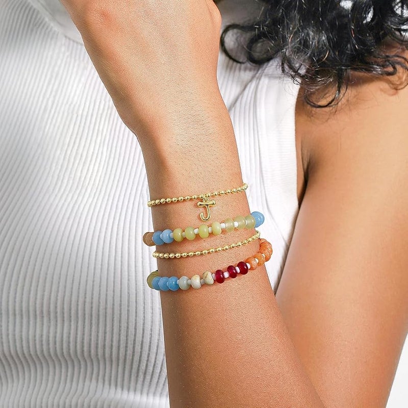 KissYan Beaded Initial Bracelets for Women, 14K Gold Plated Bubble Balloon Letter Monogram Charm Bracelets Capital Alphabets from A-Z Dainty Jewelry - Image 3
