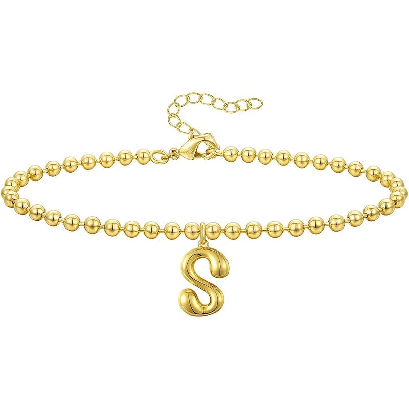 KissYan Beaded Initial Bracelets for Women, 14K Gold Plated Bubble Balloon Letter Monogram Charm Bracelets Capital Alphabets from A-Z Dainty Jewelry - Image 1