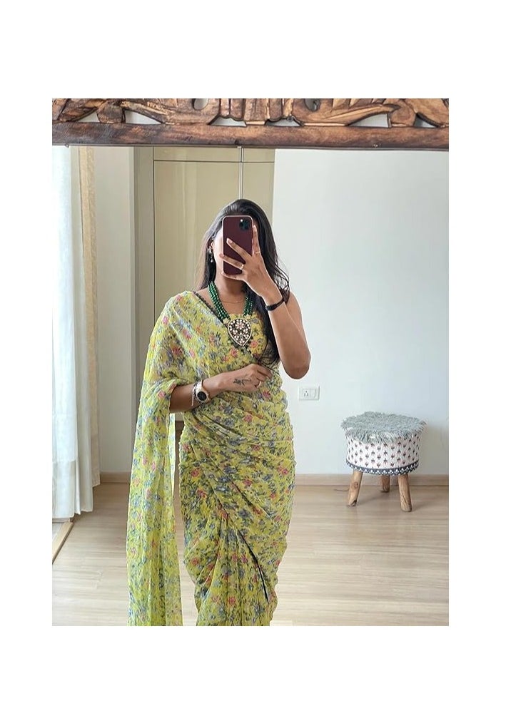 Women's Georgette Digital Printed Ready To Wear one Minute Saree With Unstitched Blouse Piece