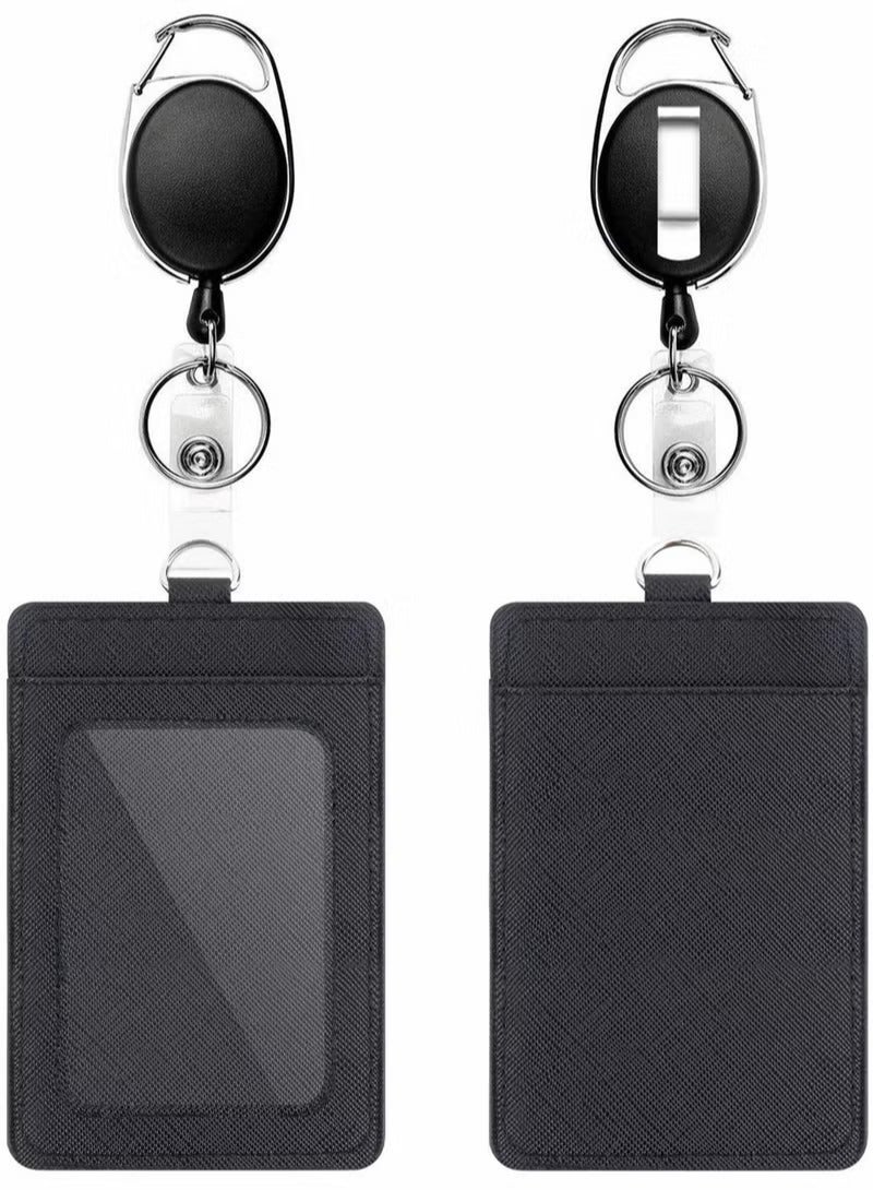 Badge Holders, 2 Pcs Heavy Duty Retractable Reel Clips Set with Carabiner Clip, Vertical Leather ID Card Holder, Black - Image 1