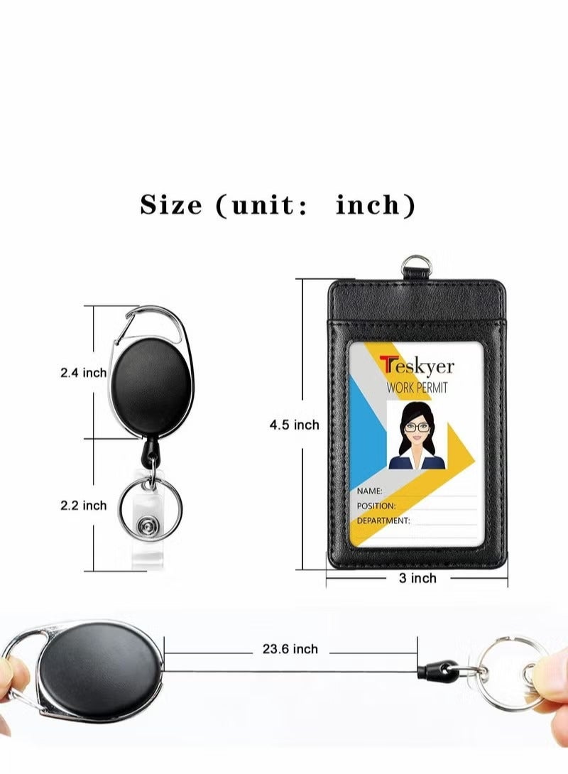 Badge Holders, 2 Pcs Heavy Duty Retractable Reel Clips Set with Carabiner Clip, Vertical Leather ID Card Holder, Black - Image 2