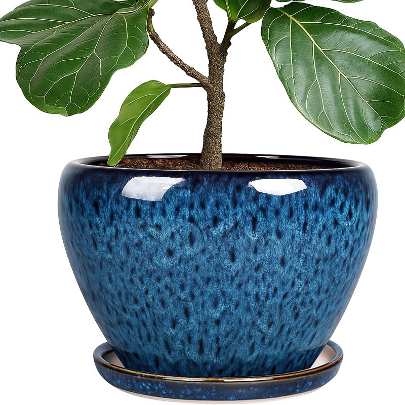 DEEPDREAM Deep Dream 10 Inch Plant Pot Ceramic Planter Pot Round Plant Pots for Indoor Plants Outdoor Large Flower Pot with Drainage Holes Trays Blue - Image 2