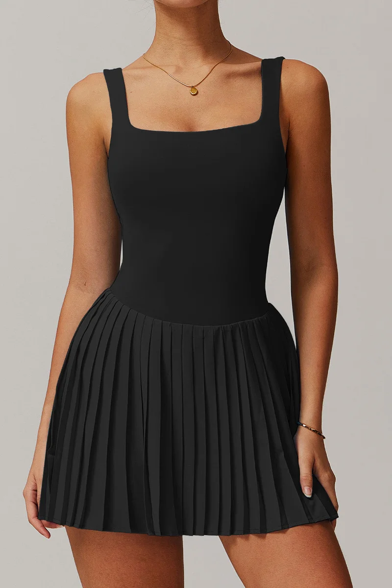 SVL Women's Active Dress with Built-In Bra, Removable Pads, Inner Shorts and Hidden Pocket - Black - SVL