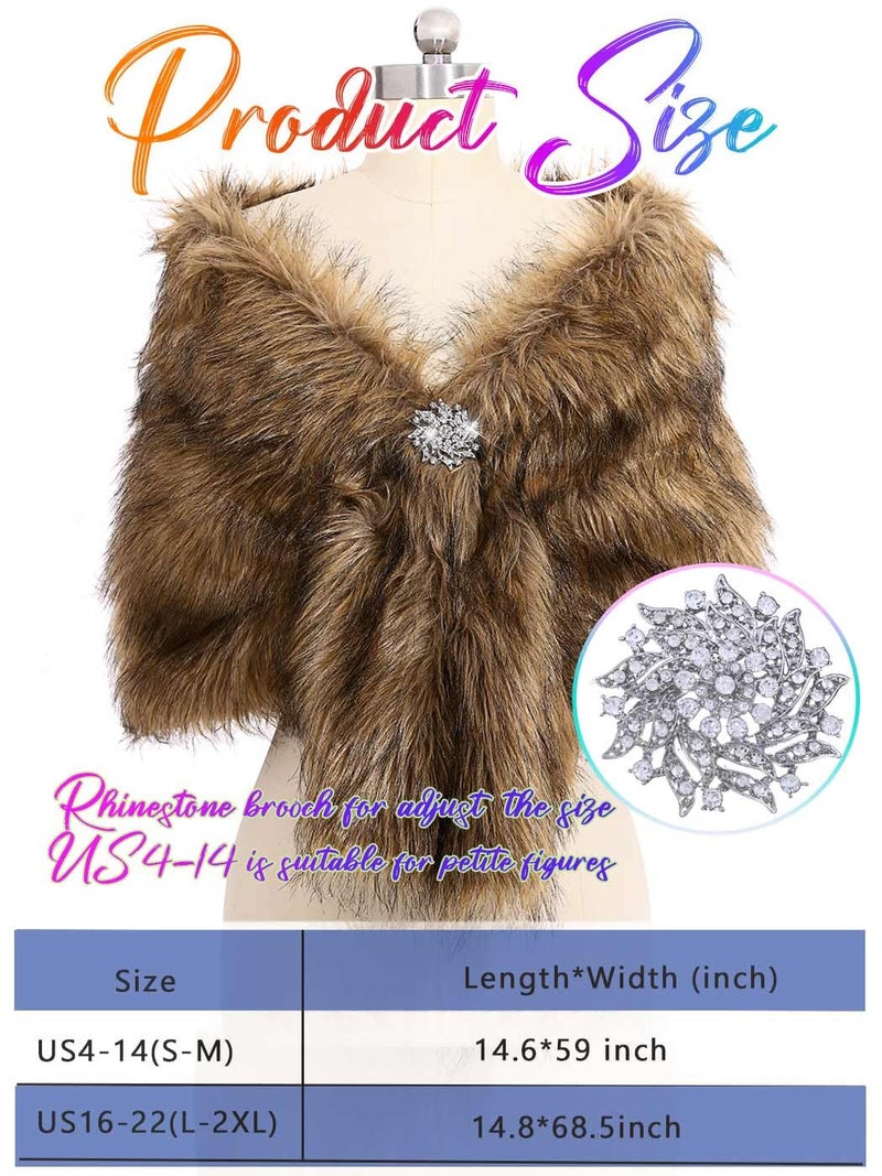 Aukmla Women's Wedding Fur Wraps and Shawls Bridal Fur Stoles Scarf with Rhinestones Brooch for Bride and Bridesmaids (White+Champagne, US 4-14 (S-M)) - Image 3
