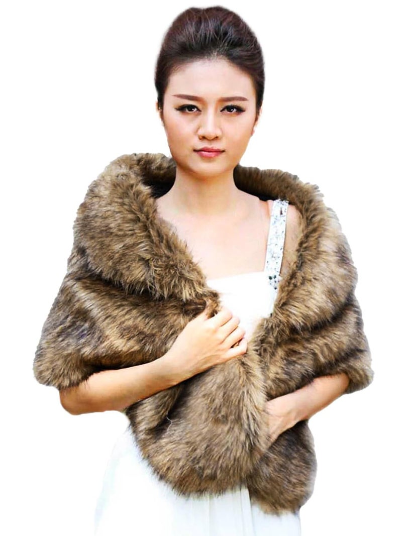 Aukmla Women's Wedding Fur Wraps and Shawls Bridal Fur Stoles Scarf with Rhinestones Brooch for Bride and Bridesmaids (White+Champagne, US 4-14 (S-M)) - Image 1