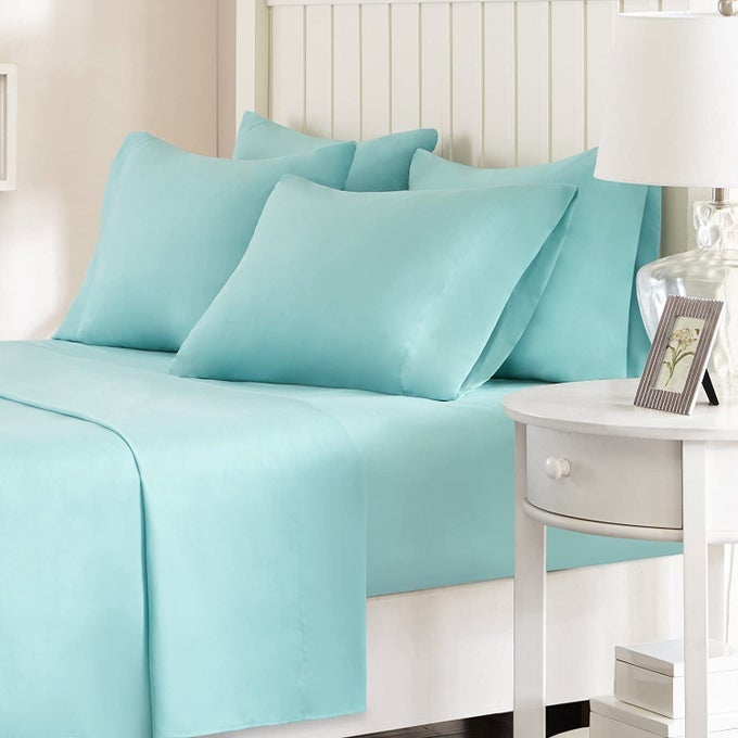 MICROFIBER BED SHEETS SET 14 DEEP POCKET WRINKLE RESISTANT ALL AROUND ELASTIC YEARROUND COZY BEDDING SHEET MATCHING PILLOW CASES KING AQUA 6 PIECE