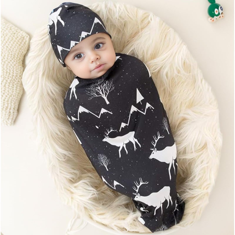 Galabloomer Newborn Swaddle Blanket with Beanie Set Baby Boy Receiving Blanket Gray Arrow - Image 2