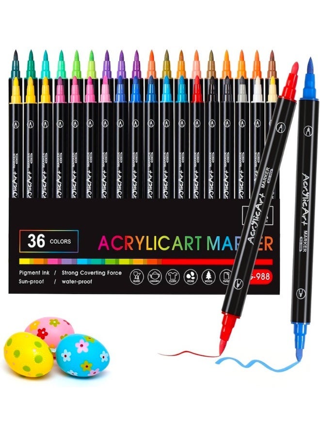 SUZZ 36-Piece Dual Tip Acrylic Paint Markers Set, Premium Non-toxic Multicolor Acrylic Paint Pens With Brush Tip and Fine Tip For Coloring Book, Rock, Wood, Canvas, Glass, Ceramic, Arabic Calligraphy and DIY Crafts Making Art Supplies - Image 1