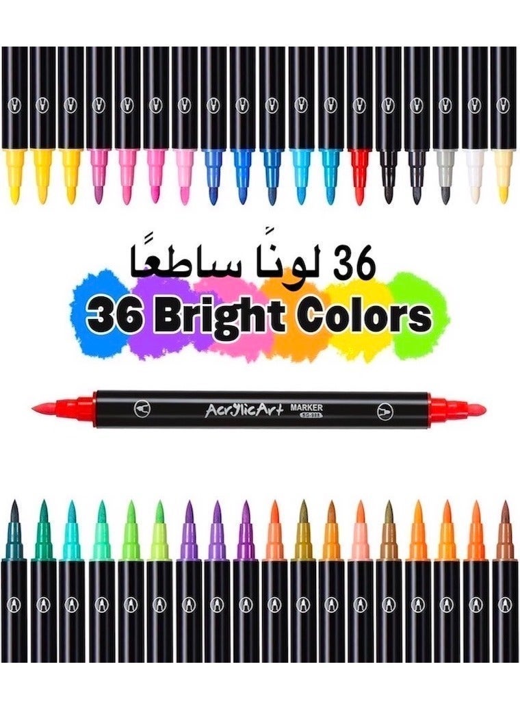 SUZZ 36-Piece Dual Tip Acrylic Paint Markers Set, Premium Non-toxic Multicolor Acrylic Paint Pens With Brush Tip and Fine Tip For Coloring Book, Rock, Wood, Canvas, Glass, Ceramic, Arabic Calligraphy and DIY Crafts Making Art Supplies - Image 2