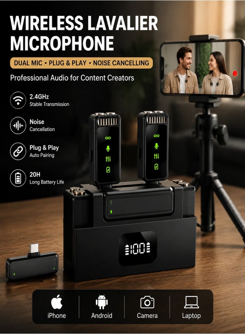 كوراكس Wireless Lavalier Microphone 2.4GHz Dual Mic System, Plug & Play Noise Cancelling Mini Mic with 2 Transmitters, Compatible with iPhone & Android, Ideal for Vlog, TikTok, YouTube, Live Streaming & Interviews - Image 1