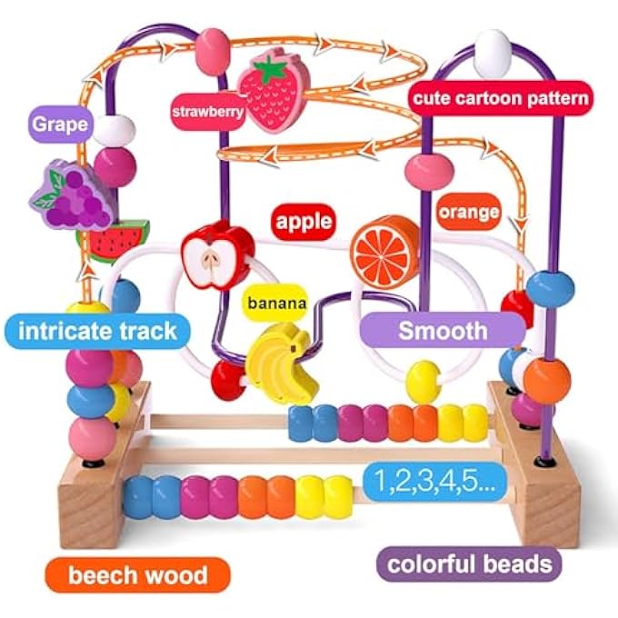 WOODEN BEAD MAZE, ABACUS FOR KIDS, BIRTHDAY GIFTS FOR KIDS BOYS GIRLS, COLORFUL FRUIT BEAD KID ROLLER COASTER PRESCHOOL EDUCATIONAL, BEADS FOR KID, EDUCATIONAL TOYS, WOODEN BEAD MAZE TOYS - Image 3