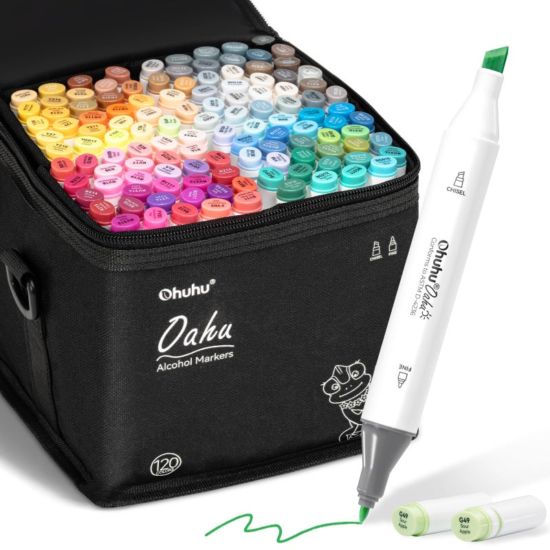 Ohuhu Alcohol Based Art Markers - Double Tipped Coloring Marker Set for Adults Coloring Students Beginners Sketching Illustration - 120 Colors - Chisel & Fine - Oahu of Ohuhu Markers - Refillable Ink - Image 1