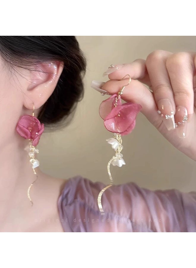 Goolsky Pink Sheer Flower Tassel Earrings for Women – Unique Statement Studs, Vacation Chic & Versatile Style, Sheer Flower Tassels Hypoallergenic Lightweight, Beach Vacation Summer Wear - Image 1