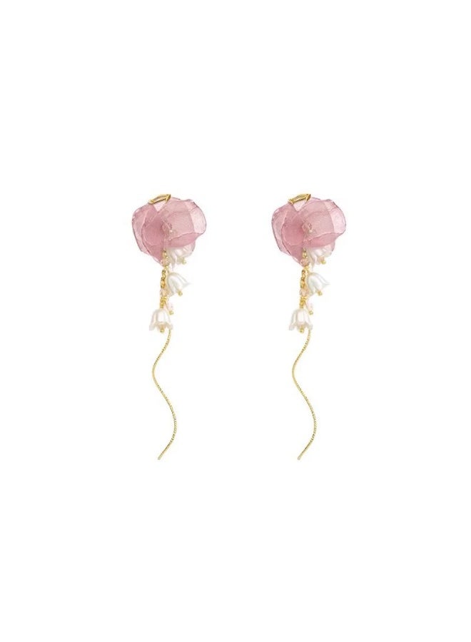 Goolsky Pink Sheer Flower Tassel Earrings for Women – Unique Statement Studs, Vacation Chic & Versatile Style, Sheer Flower Tassels Hypoallergenic Lightweight, Beach Vacation Summer Wear - Image 2