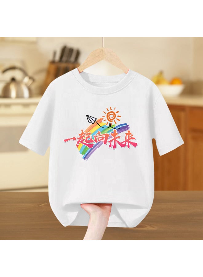 Kindergarten Parent-child Activity Class Uniform  Summer Short-sleeved Pure Cotton White T-shirt Rainbow Smiley Face June 1st Performance Outfit