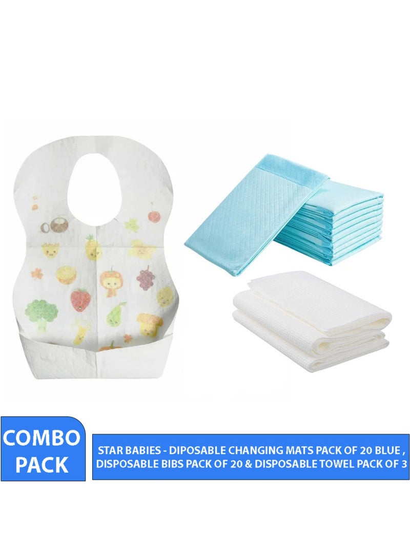 STAR BABiES Combo Pack Pack Disposable Changing Mat 20Pcs Disposable Towel 3Pcs Bibs 20Pcs-Blue  - Image 2