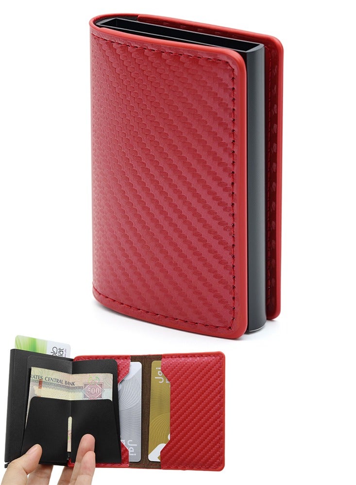 حقيبة بطاقة من ألياف الكربون الأحمر RFID مضادة للسرقة حقيبة بطاقة منبثقة أوتوماتيكية متعددة البطاقات للرجال حقيبة بطاقة منبثقة رقيقة للغاية من البولي يوريثان + سبيكة ألومنيوم - Image 1