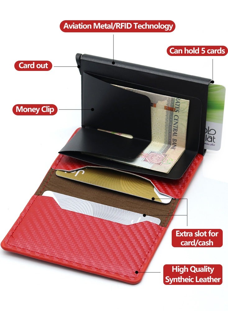 حقيبة بطاقة من ألياف الكربون الأحمر RFID مضادة للسرقة حقيبة بطاقة منبثقة أوتوماتيكية متعددة البطاقات للرجال حقيبة بطاقة منبثقة رقيقة للغاية من البولي يوريثان + سبيكة ألومنيوم - Image 2