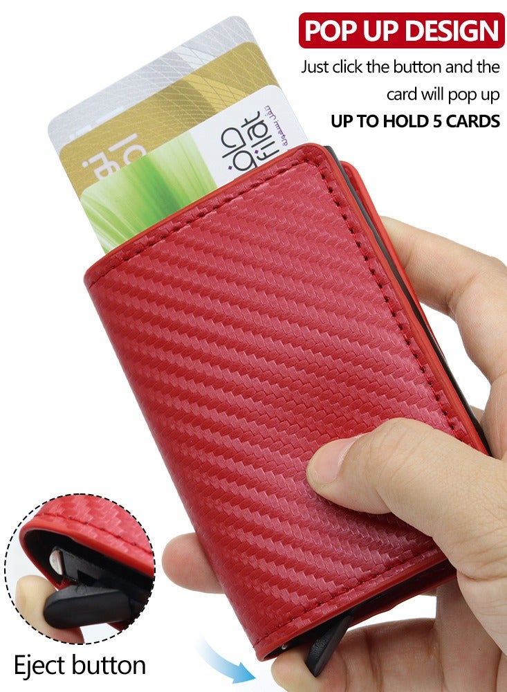 حقيبة بطاقة من ألياف الكربون الأحمر RFID مضادة للسرقة حقيبة بطاقة منبثقة أوتوماتيكية متعددة البطاقات للرجال حقيبة بطاقة منبثقة رقيقة للغاية من البولي يوريثان + سبيكة ألومنيوم - Image 3