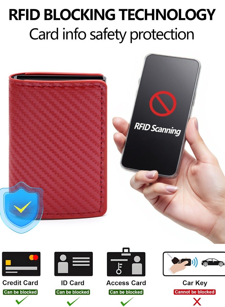 حقيبة بطاقة من ألياف الكربون الأحمر RFID مضادة للسرقة حقيبة بطاقة منبثقة أوتوماتيكية متعددة البطاقات للرجال حقيبة بطاقة منبثقة رقيقة للغاية من البولي يوريثان + سبيكة ألومنيوم - Image 4