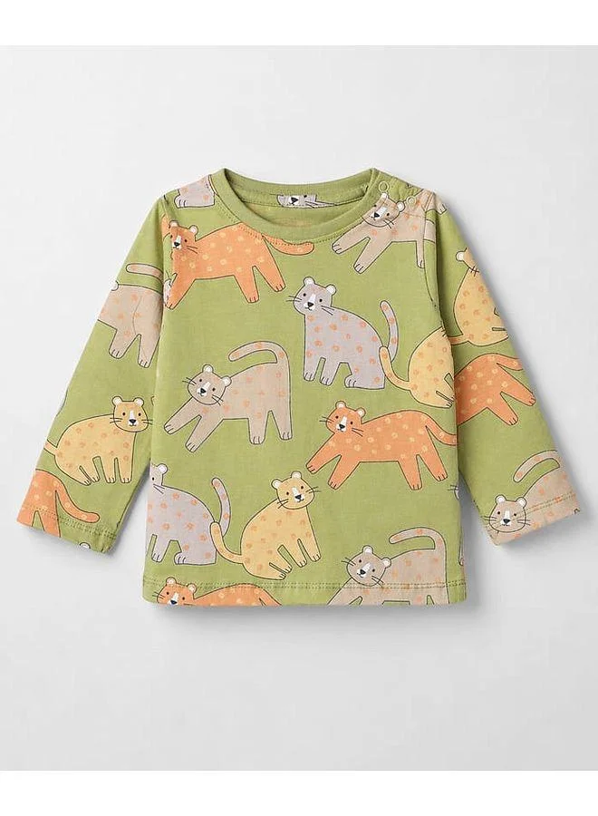 Babyhug Babyhug Cotton Knit Full Sleeves Co-Ords Pyjama Night Suit with Cat Print - Green