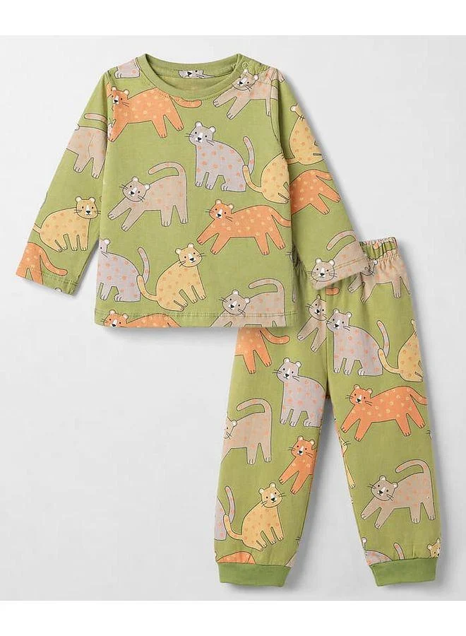 Babyhug Babyhug Cotton Knit Full Sleeves Co-Ords Pyjama Night Suit with Cat Print - Green