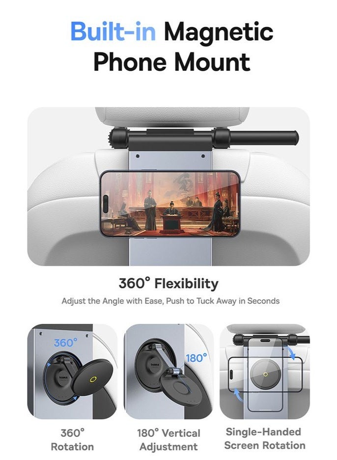 Baseus MagPro Series Multi-Use Car Mount for Backseat Headrest - Foldable Laptop Desk, 360° Rotating Phone Holder, Adjustable, Easy to Install - Black - Image 5