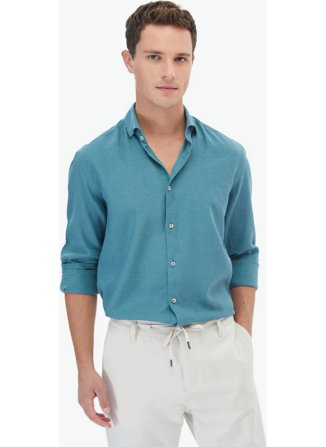 Kip Dark Mint Plain Regular Fit Woven Casual Cotton Blend Shirt