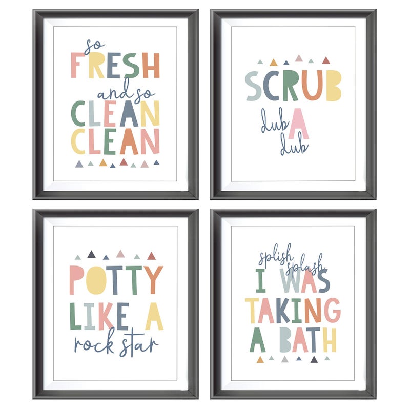 AEHIE So Fresh and Clean Colorful Bathroom Art Poster Prints for Home Kid Washroom Restroom Nursery Toilet Laundry Decor Funny Bathroom Rules Word Art Decorations Prints Wall Art Unframed 4pcs 8x10inches - Image 1