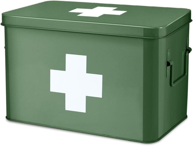 Flexzion First Aid Box Organizer Empty 13" Green Vintage First Aid Kit Tin Metal Medical Box First Aid Storage Box Container Bins with Dividers, Removable Tray and White Cross Logo - Image 1