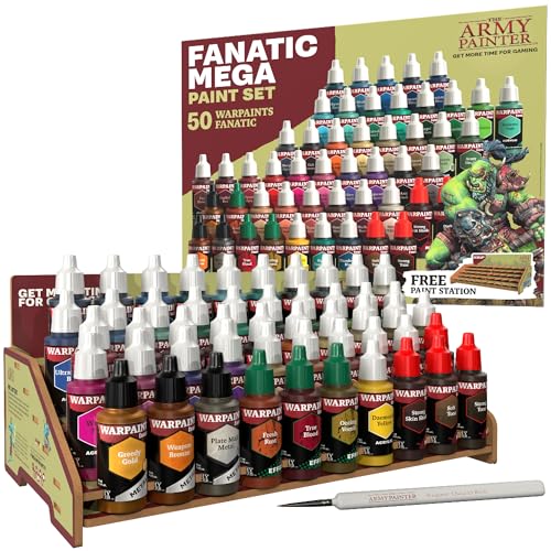 The Army Painter Warpaints Fanatic Mega Set, 50 Paints: 36 acrylic colours, 4 Skin Tones, 3 Metallics, 3 Effects, 4 Washes, 1 Free Paint Station & Brush, For Miniature Painting - Image 1