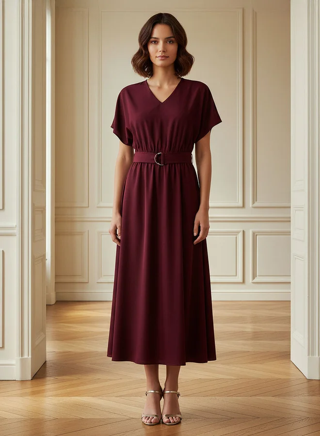 Splash FAV Belted Midi Dress with Short Sleeves and V-neck