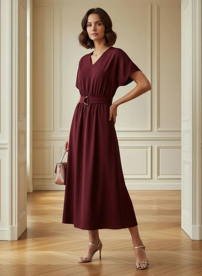 Splash FAV Belted Midi Dress with Short Sleeves and V-neck