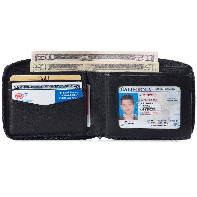 Alpine Swiss Logan Zipper Bifold Wallet For Men or Women RFID Safe Comes in a Gift Box Black - Image 2