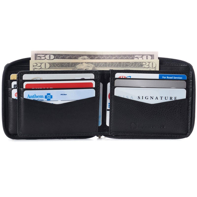 Alpine Swiss Logan Zipper Bifold Wallet For Men or Women RFID Safe Comes in a Gift Box Black - Image 4