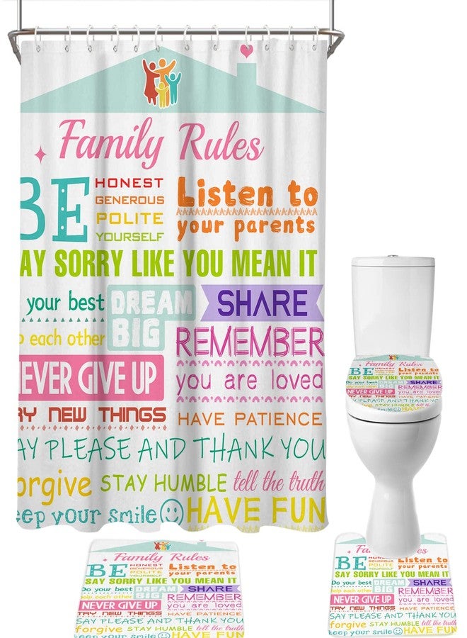 AAtter 4 Piece Kids Shower Curtain Set Boys Girls Colorful Inspirational Motivational Family Rules 60Wx72L Curtains Decor with Non-Slip Rugs, Toilet Lid Cover and Bath Mat Bathroom Accessories, Fun - Image 5