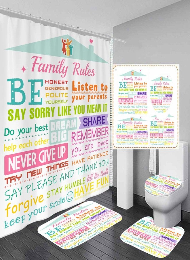 AAtter 4 Piece Kids Shower Curtain Set Boys Girls Colorful Inspirational Motivational Family Rules 60Wx72L Curtains Decor with Non-Slip Rugs, Toilet Lid Cover and Bath Mat Bathroom Accessories, Fun - Image 1