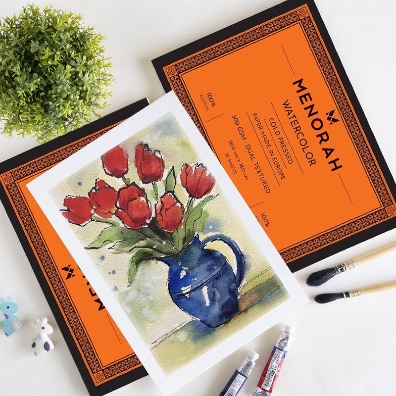 MENORAH - B5 Plus- 300 GSM - Dual Texture Watercolor Loose Sheets/Paper- 100% Cotton Artists Sketch Pad- (26.0 cm x 18.0 cm)- (14 Sheets / 28 Pages) - Ideal for Watercolour, Acrylic,Gouache,Painting - Glued End Pad - Image 1