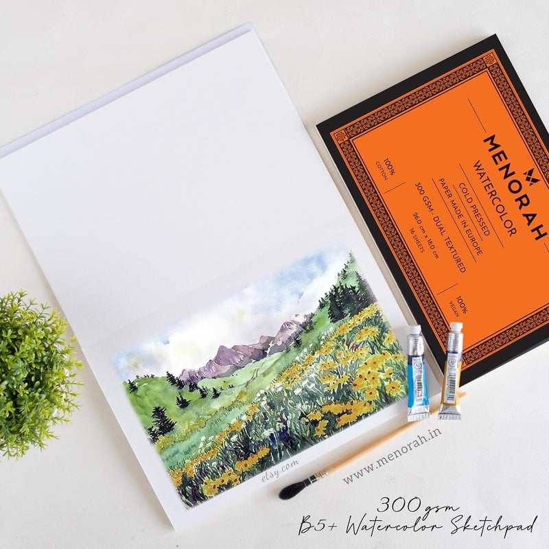MENORAH - B5 Plus- 300 GSM - Dual Texture Watercolor Loose Sheets/Paper- 100% Cotton Artists Sketch Pad- (26.0 cm x 18.0 cm)- (14 Sheets / 28 Pages) - Ideal for Watercolour, Acrylic,Gouache,Painting - Glued End Pad - Image 4
