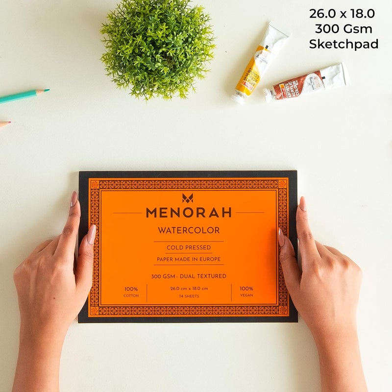 MENORAH - B5 Plus- 300 GSM - Dual Texture Watercolor Loose Sheets/Paper- 100% Cotton Artists Sketch Pad- (26.0 cm x 18.0 cm)- (14 Sheets / 28 Pages) - Ideal for Watercolour, Acrylic,Gouache,Painting - Glued End Pad - Image 2