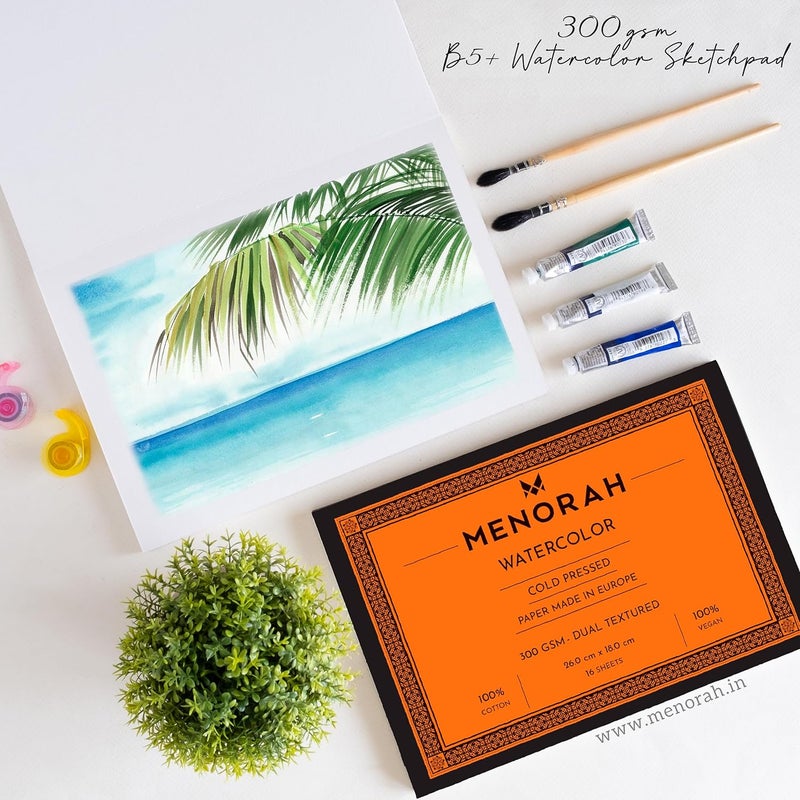 MENORAH - B5 Plus- 300 GSM - Dual Texture Watercolor Loose Sheets/Paper- 100% Cotton Artists Sketch Pad- (26.0 cm x 18.0 cm)- (14 Sheets / 28 Pages) - Ideal for Watercolour, Acrylic,Gouache,Painting - Glued End Pad - Image 5