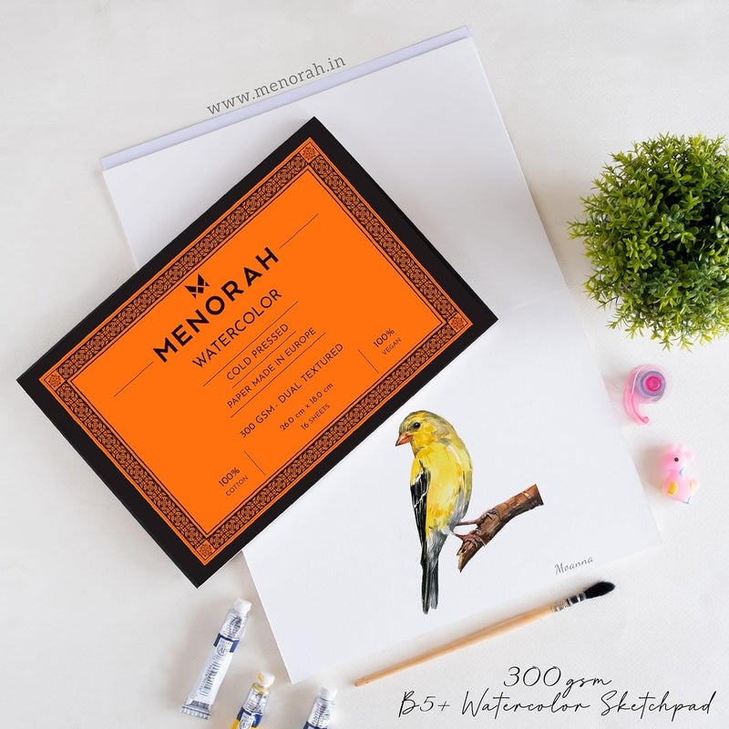 MENORAH - B5 Plus- 300 GSM - Dual Texture Watercolor Loose Sheets/Paper- 100% Cotton Artists Sketch Pad- (26.0 cm x 18.0 cm)- (14 Sheets / 28 Pages) - Ideal for Watercolour, Acrylic,Gouache,Painting - Glued End Pad - Image 3