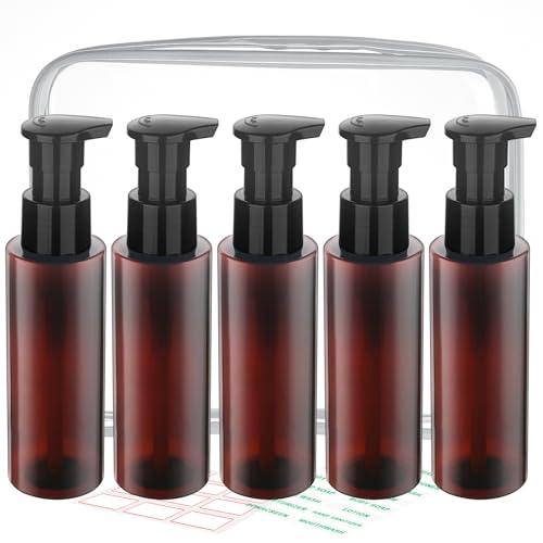 Cosywell Plastic Pump Bottles Dispenser Leak Proof 35oz105ml 5 Pack Portable Empty Refillable Container Brown Plastic Lotion Pump Dispenser Bottle for Facial Cleansing Oil Shampoo Shower Gel - Image 1