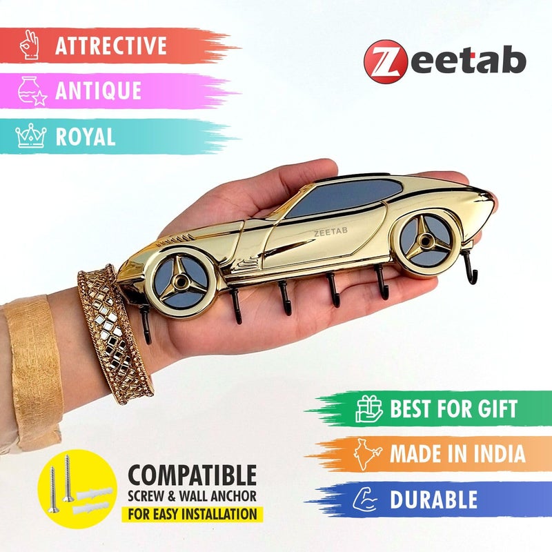 Zeetab Car Key Holder | Car Key Stand & Brass Metal Wall Mount Hanger with 6 Hooks | Home Decor Gift (20x7cm) (Gold) - Image 5