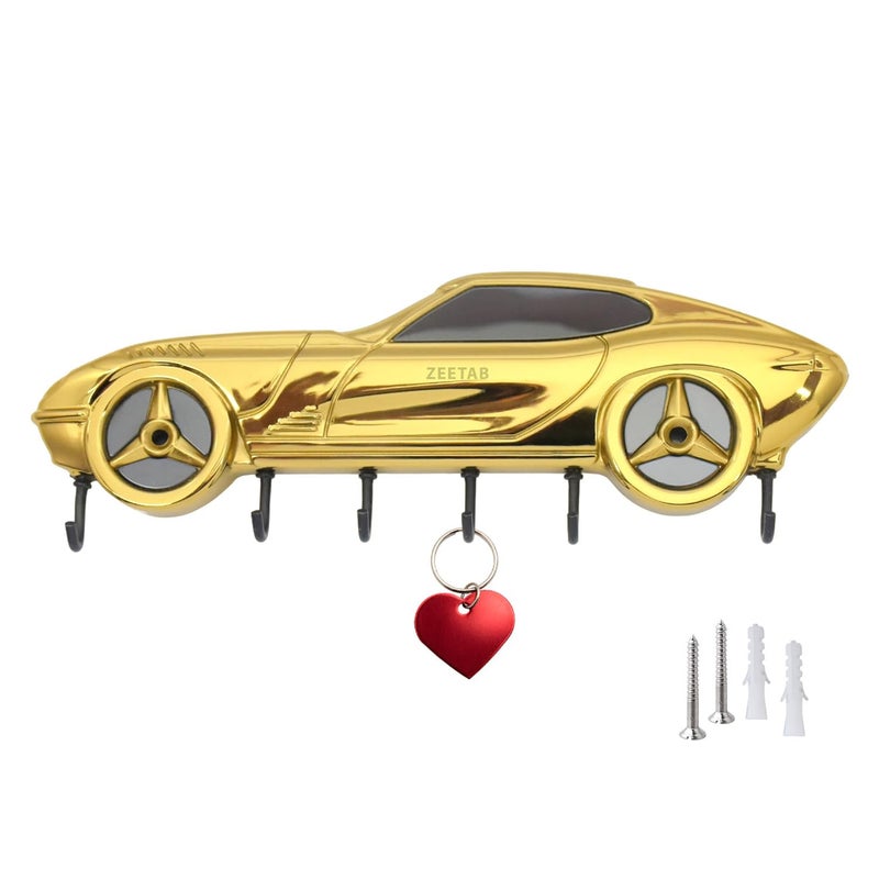 Zeetab Car Key Holder | Car Key Stand & Brass Metal Wall Mount Hanger with 6 Hooks | Home Decor Gift (20x7cm) (Gold) - Image 1