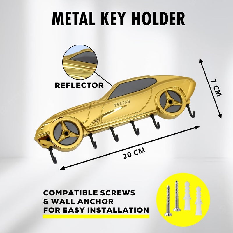 Zeetab Car Key Holder | Car Key Stand & Brass Metal Wall Mount Hanger with 6 Hooks | Home Decor Gift (20x7cm) (Gold) - Image 2