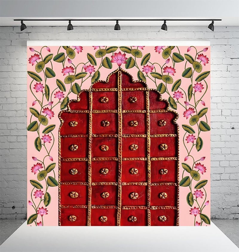 DHARA CREATION Door Entrance Design Printed (8FT-8FT) Backdrop Cloth for Pooja Decoration Traditional Background Curtain Cloth for Festival. (Washable Fabric) - Image 1