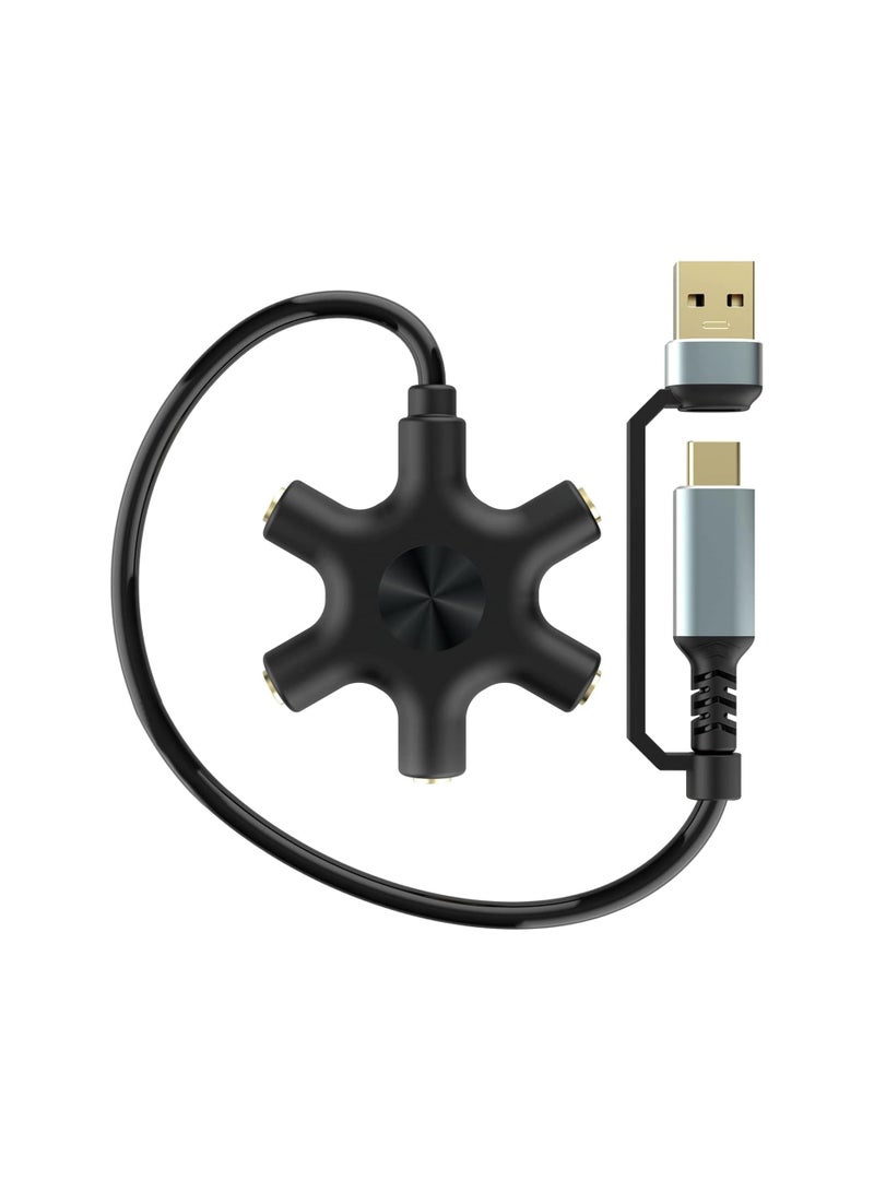 USB A/C to 3.5mm Headphone Splitter, 5-Jack Stereo Audio Adapter, 1 Male to 4 Female Splitter for Earbuds and Headsets, Includes 3.5mm Stereo Cable, 1 Pack. - Image 1